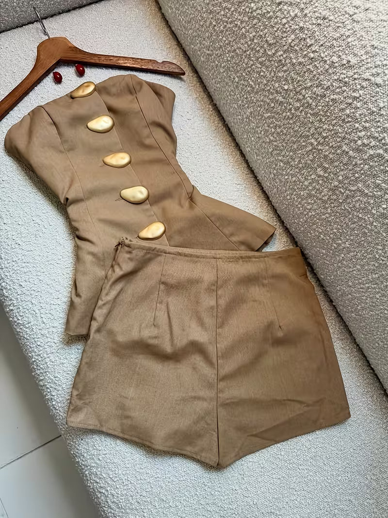 Bustier And Waist-Cinching Two-Piece Pants Set, Three-Dimensional Decorative Buckle Design, Short Top + Hip-Hugging Pants Version, Niche Temperament Style, Commuting Dating And Tall Two-Piece Set + Niannian