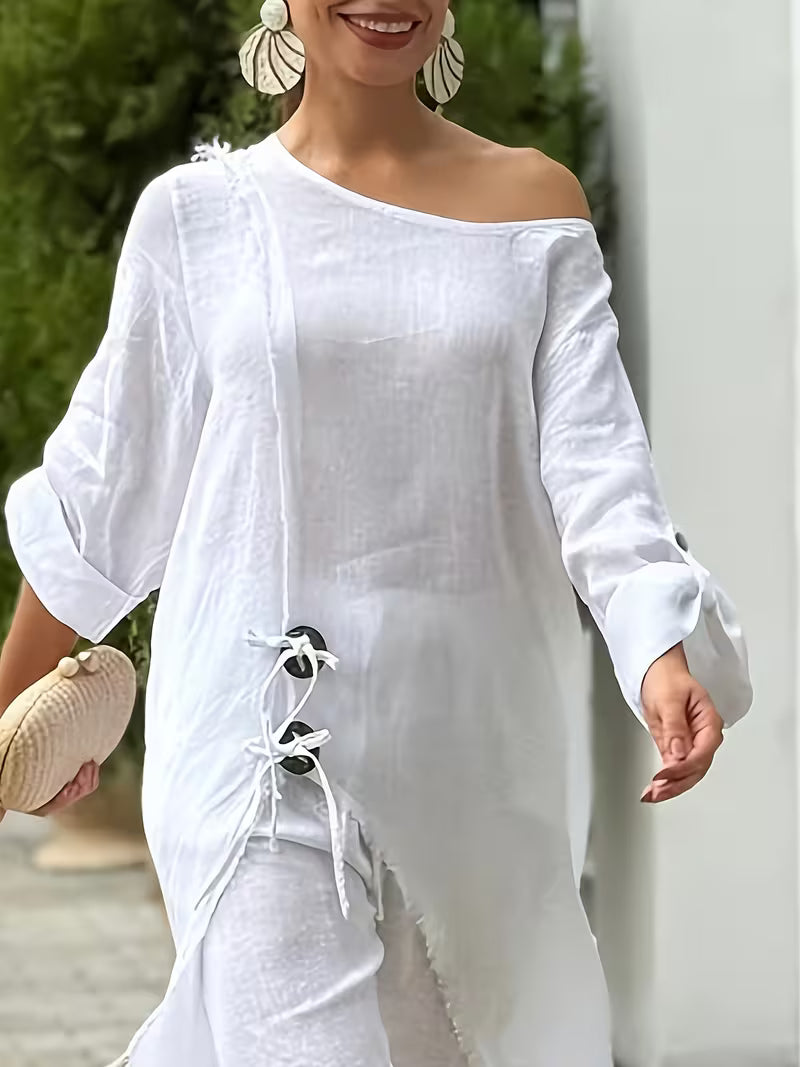 2pcs Strapless Long Sleeve Top And Wide Leg Pants Set