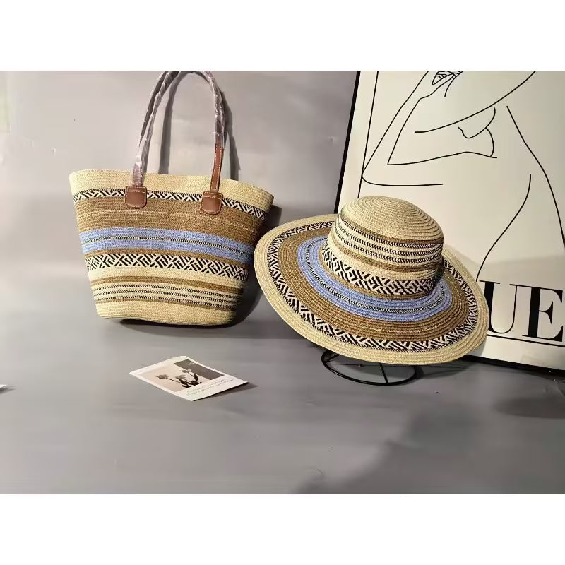 2pcs Set of Straw Hat and Woven Bag for Vacation Style, Sun Hat and Fashionable Tote Bag Set