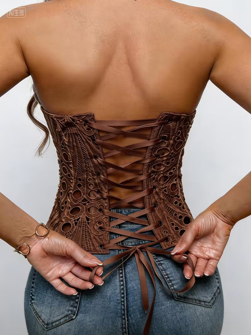 Corset-Style Shaping Underwear with Irregular Lace, Fishbone Design, And Mesh Patchwork Print