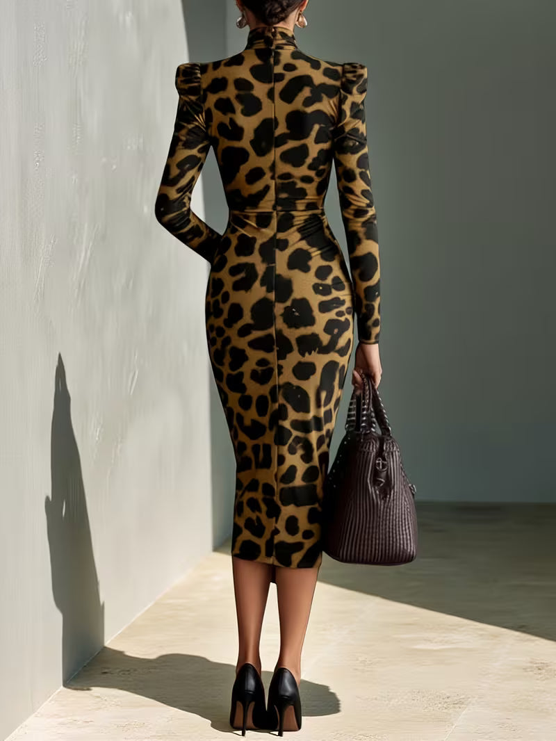 Women'S Brown & Black Leopard Print Deep-V Slim-Fit Dress | Retro Wild Style, Suitable for Luxury Social Events, Party Occasions, And Daily Streetwear