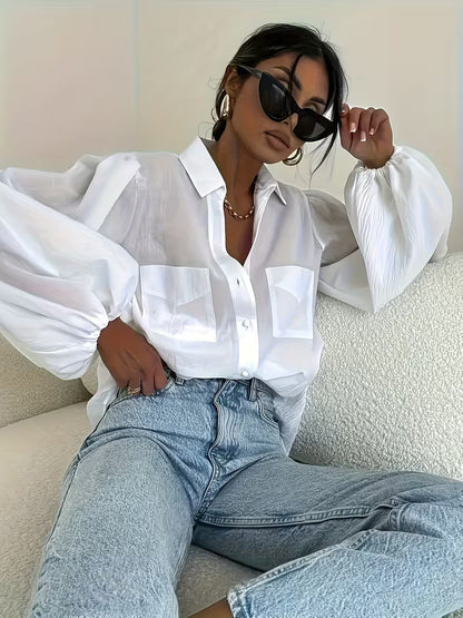 Ling Shuang Jiang BK0828006 Women'S Elegant Shirt - A White Collared Semi-Formal Top, Suitable for Both Casual And Formal Wear, Machine Washable, Versatile Solid Color Classic Button-Up, Made from Easy-Care Fabric