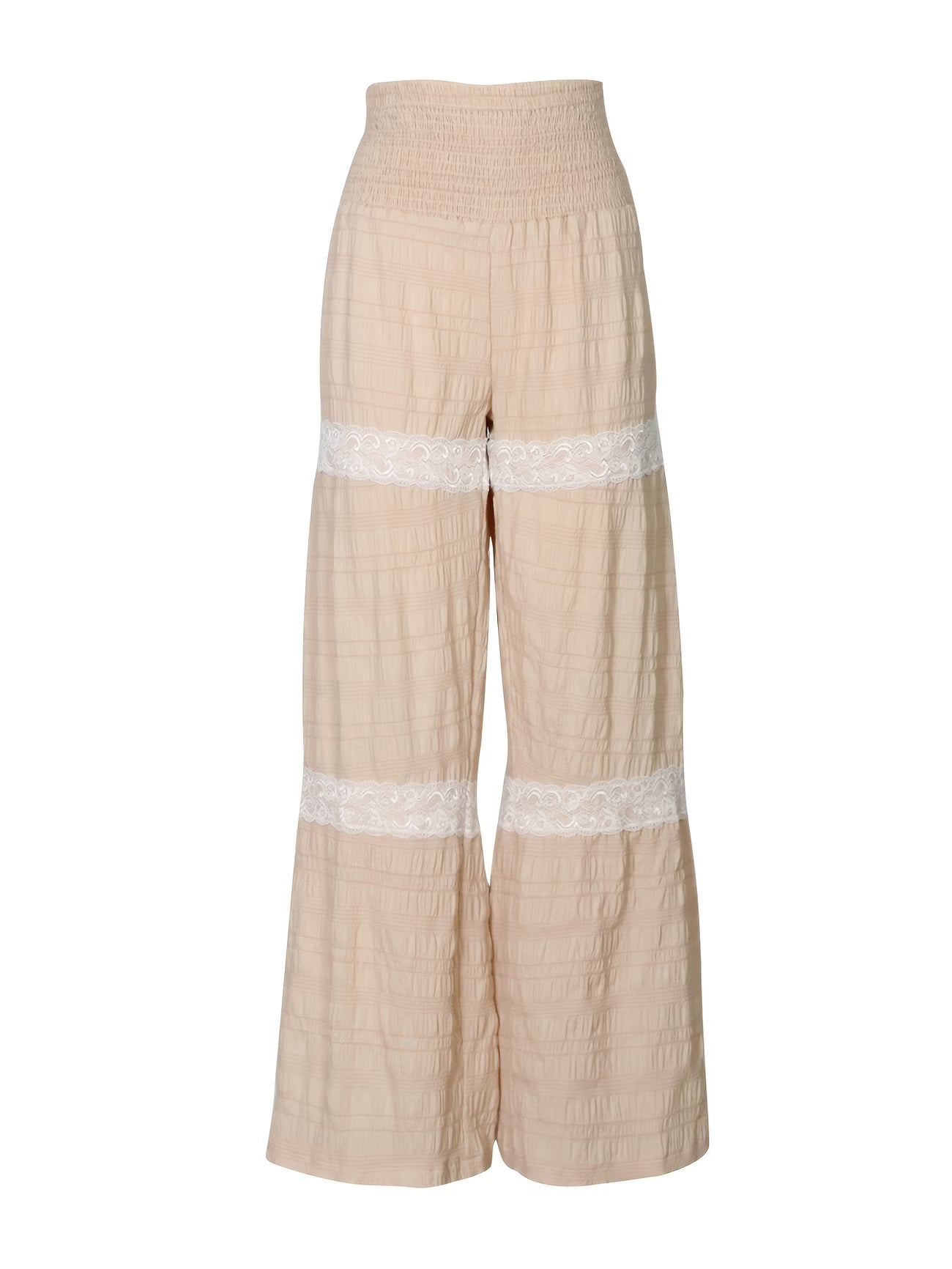 Vacation-style Women's High-waist Wide-leg Pants, Featuring Textured Fabric and Ruffle Detailing, Suitable for Spring and Summer Wear