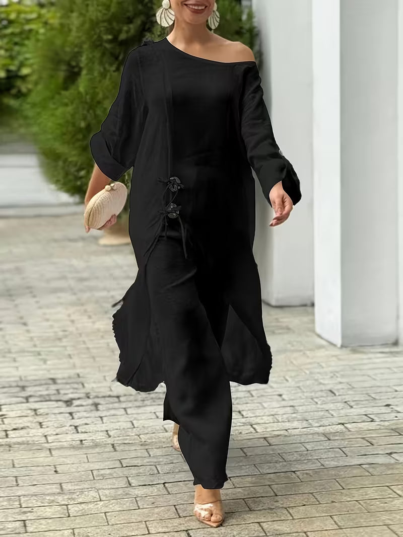 2pcs Strapless Long Sleeve Top And Wide Leg Pants Set
