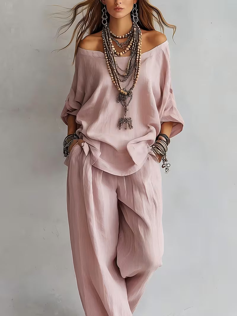 American Luxury High-End Women'S Clothing Boutique 2026 New Summer European And American Style Women'S Two-Piece Suit, Casual Loose One-Shoulder Three-Quarter Sleeve Top And Wide-Leg Pants