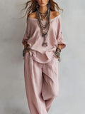 American Luxury High-End Women'S Clothing Boutique 2026 New Summer European And American Style Women'S Two-Piece Suit, Casual Loose One-Shoulder Three-Quarter Sleeve Top And Wide-Leg Pants