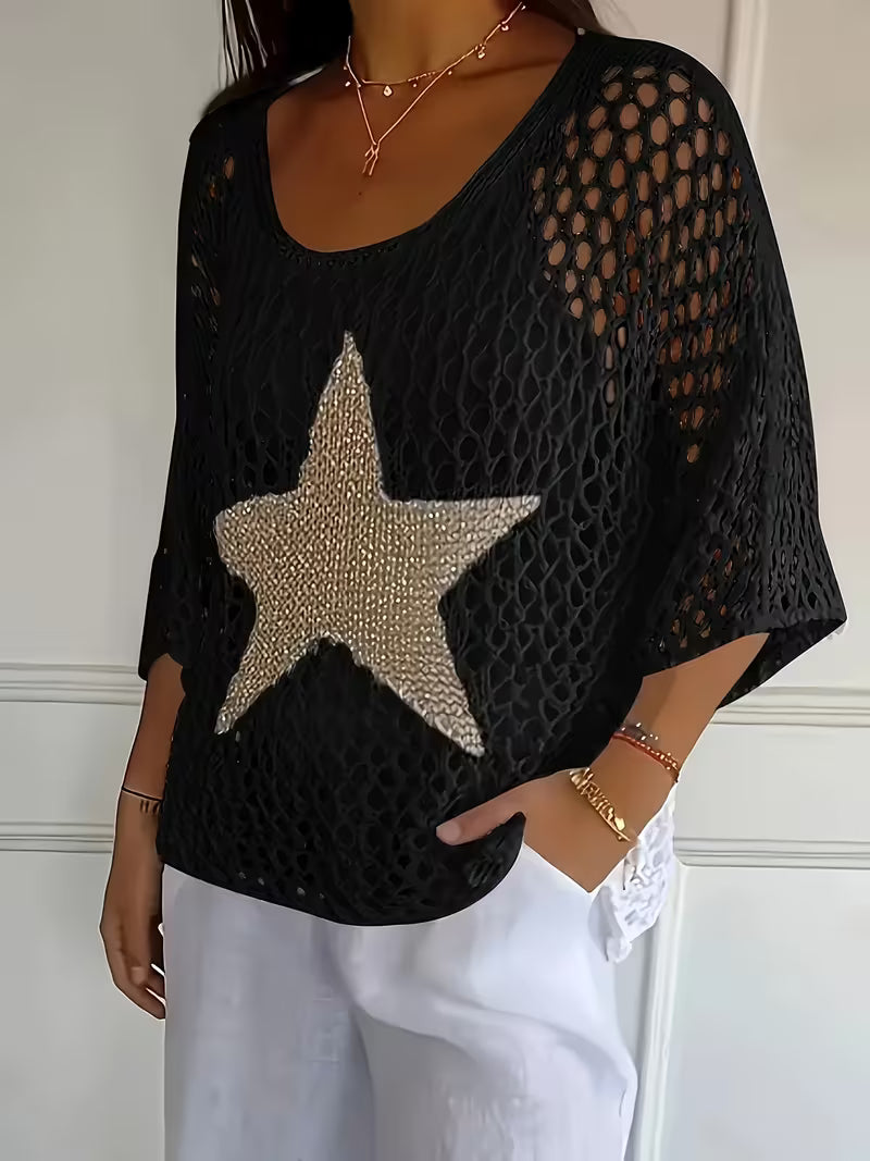 Women's Loose Hollow-Out Star Cover-Up, Round Neck Shirt, Summer Swimwear Cover-Up