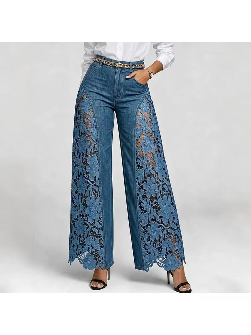 High-Waisted Wide-Leg Pants for Women, Spring/Summer Fashionable and Versatile, Hollow Lace Patchwork Denim Draped Pants for Women