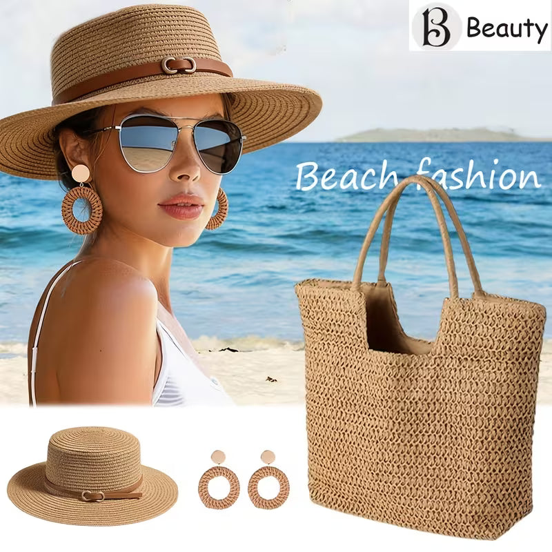 3pcs Women's Fashionable Beach Set, Sun Hat, Beach Hat, Beach Bag, Handbag, Earrings, Suitable for Outdoor Beach T