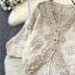 Women's Retro Korean Style V-Neck Lace Cardigan - Hollow-Out Detail, Loose Fit Lightweight Jacket for Spring Summer Fall, Solid Color Versatile Layering Top