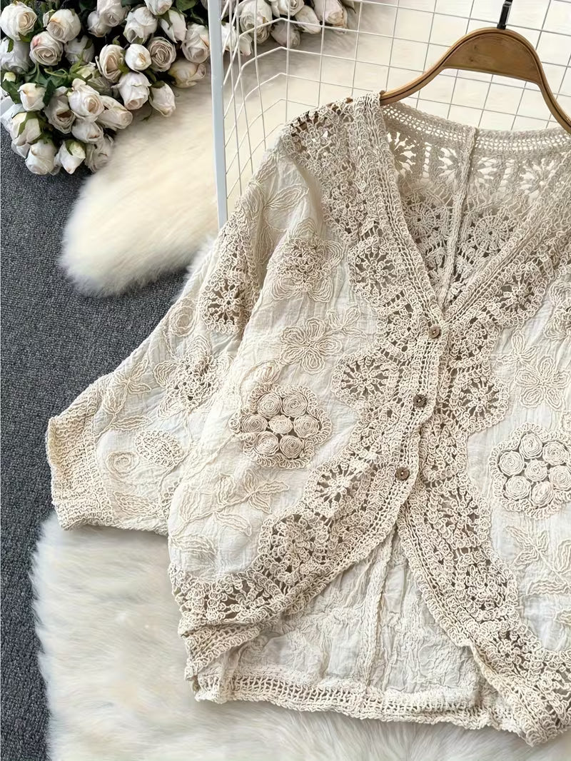 Women's Retro Korean Style V-Neck Lace Cardigan - Hollow-Out Detail, Loose Fit Lightweight Jacket for Spring Summer Fall, Solid Color Versatile Layering Top