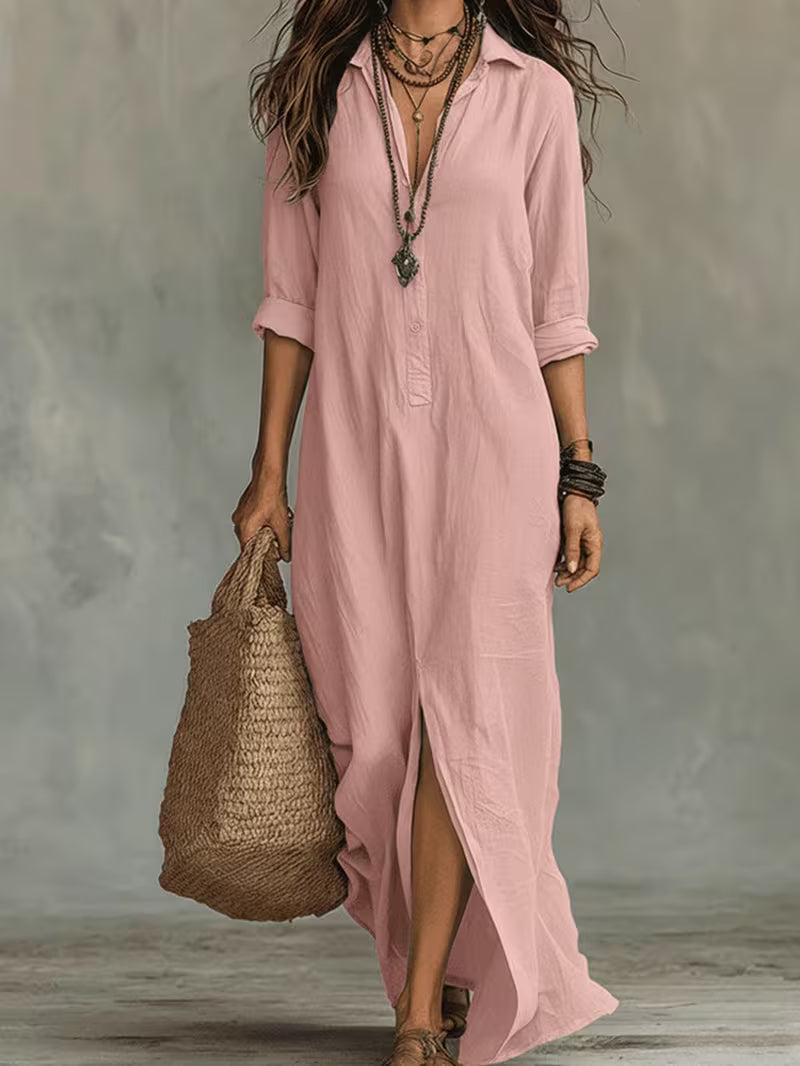 Women'S Summer Solid Lapel 3/4 Sleeve Midi Dress Front Split Casual Long Dress
