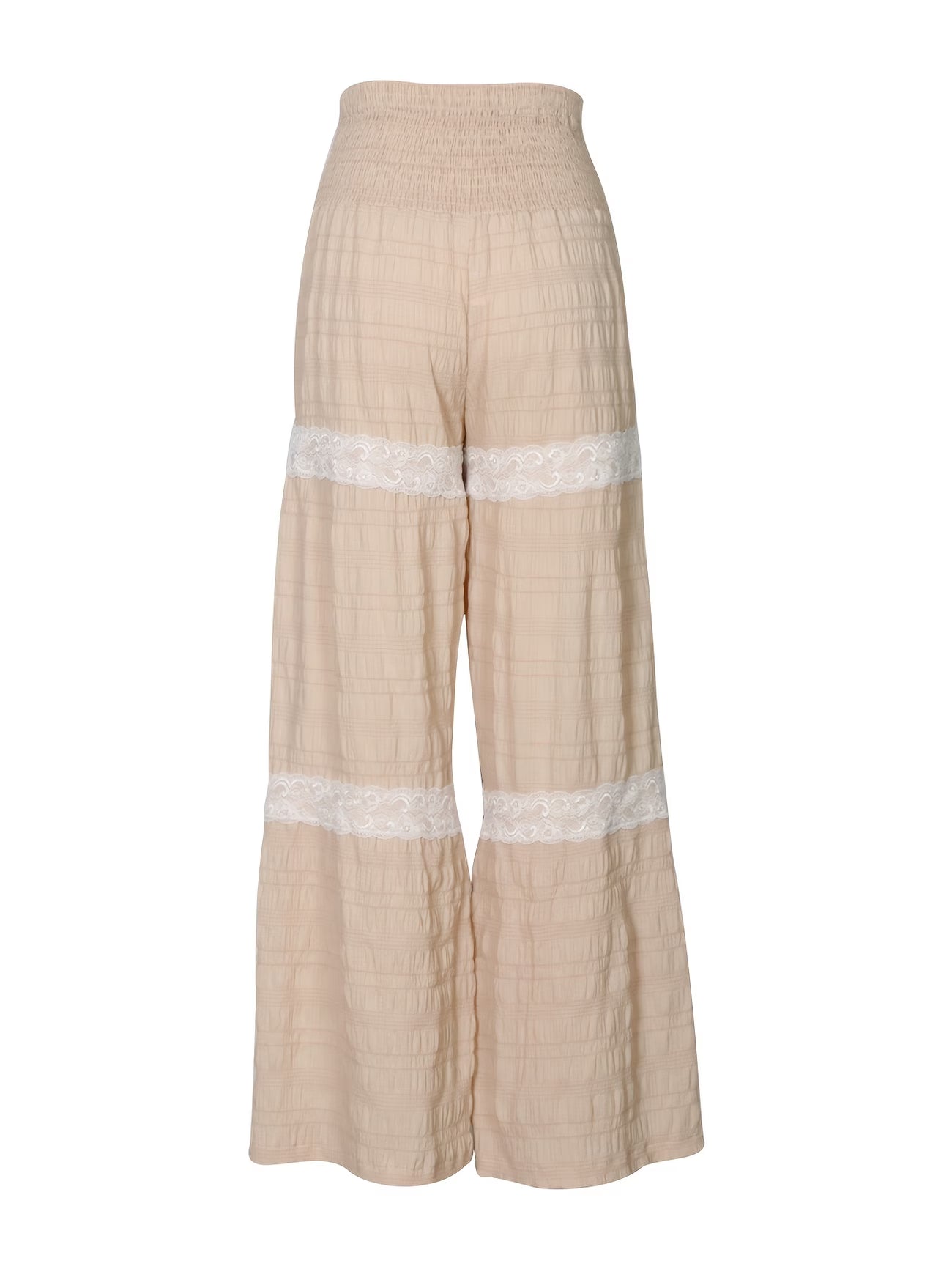 Vacation-style Women's High-waist Wide-leg Pants, Featuring Textured Fabric and Ruffle Detailing, Suitable for Spring and Summer Wear