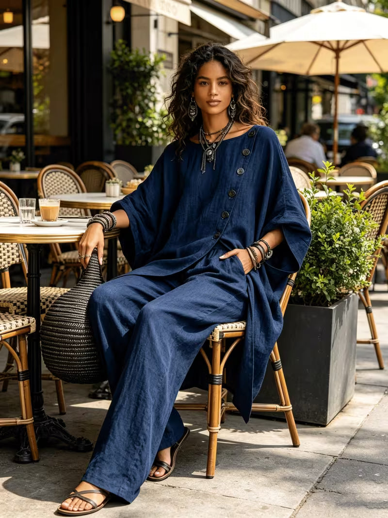 Plus Size - Plus Size - Plus Size Women'S Minimalist Two-Piece Set, Solid Color Loose Irregular Top Matching Wide-Leg Pants, Comfortable Casual Version, Trendy Outfit Suitable for Leisure, Gatherings And Commuting