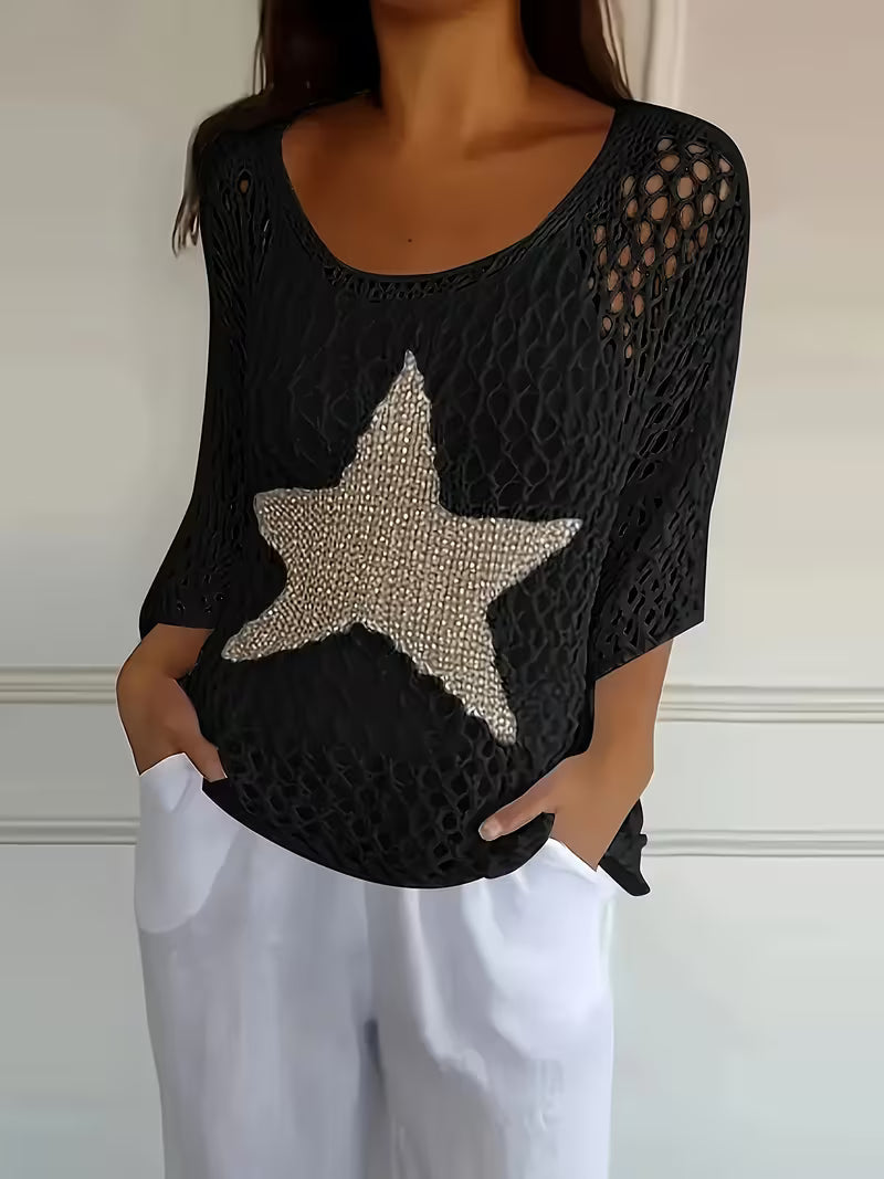 Women's Loose Hollow-Out Star Cover-Up, Round Neck Shirt, Summer Swimwear Cover-Up
