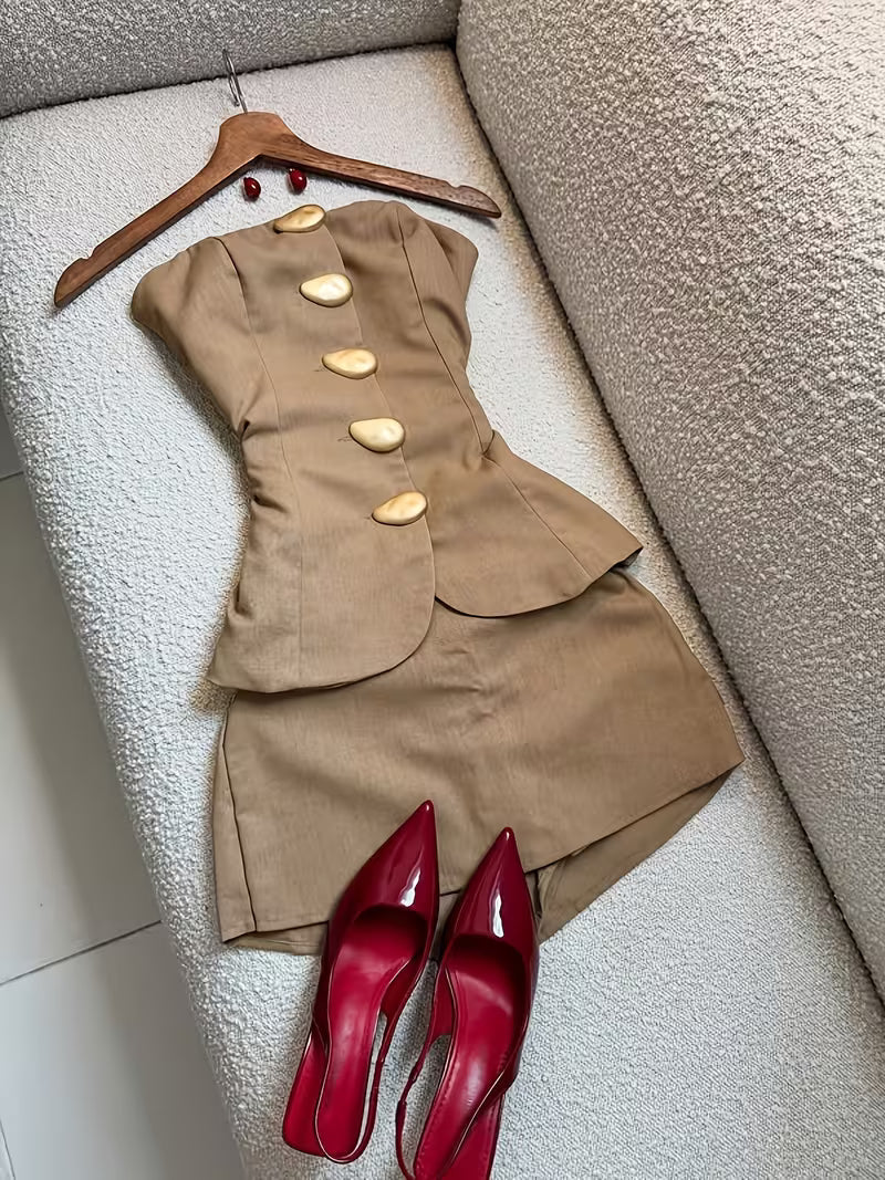 Bustier And Waist-Cinching Two-Piece Pants Set, Three-Dimensional Decorative Buckle Design, Short Top + Hip-Hugging Pants Version, Niche Temperament Style, Commuting Dating And Tall Two-Piece Set + Niannian