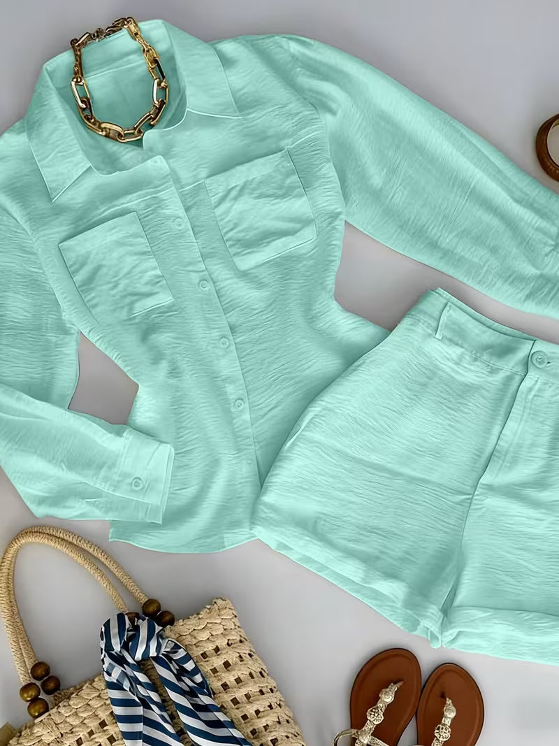 Women'S Solid Color Shirt Shorts Set