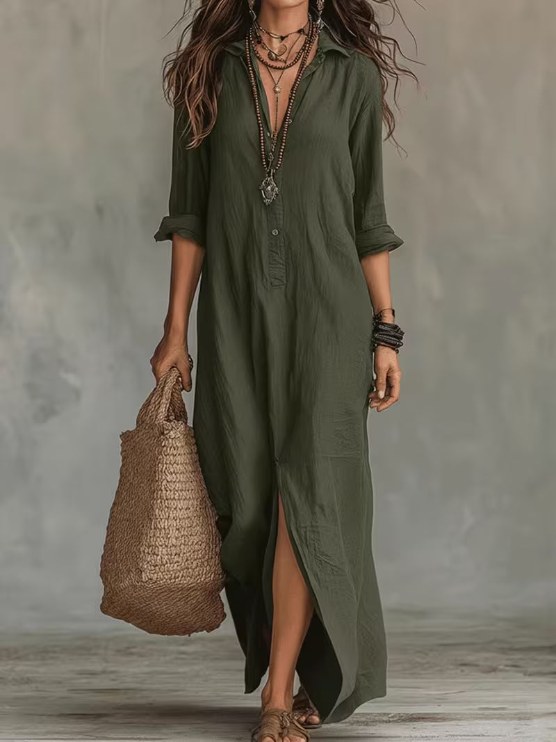 Women'S Summer Solid Lapel 3/4 Sleeve Midi Dress Front Split Casual Long Dress