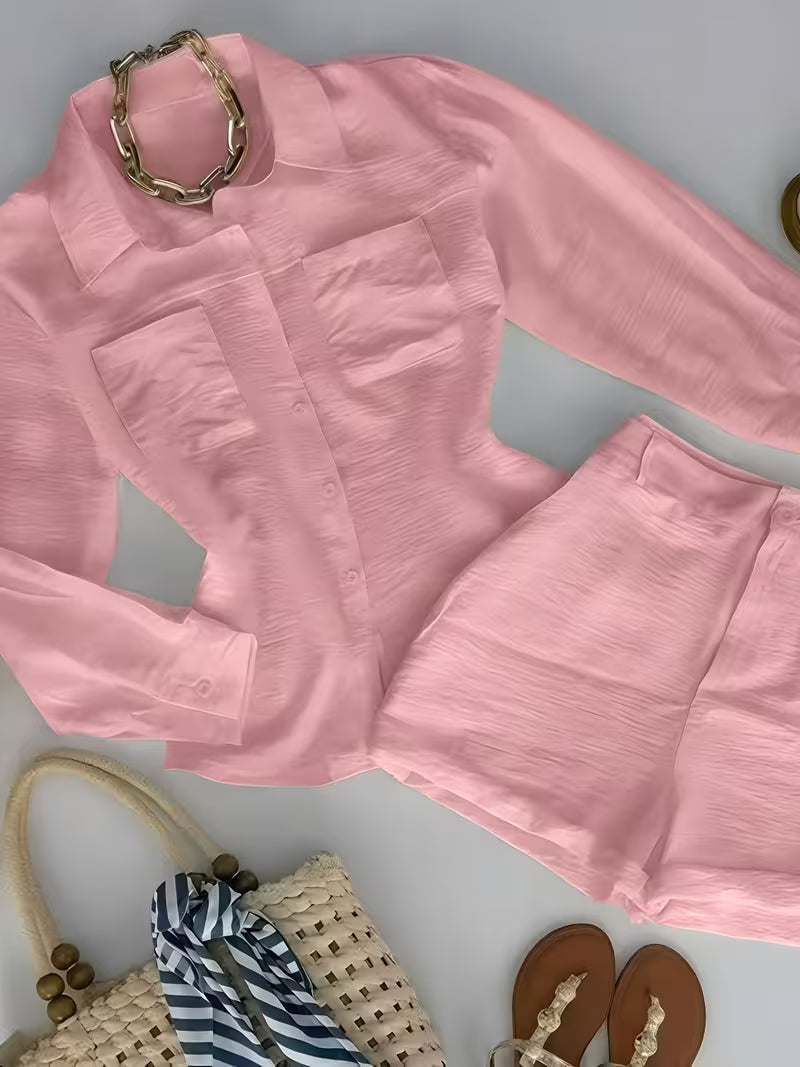 Women'S Solid Color Shirt Shorts Set