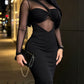LUCKFOX Women's Dress Extended Round Neck Mesh Splicing Long Sleeve Tight Dress