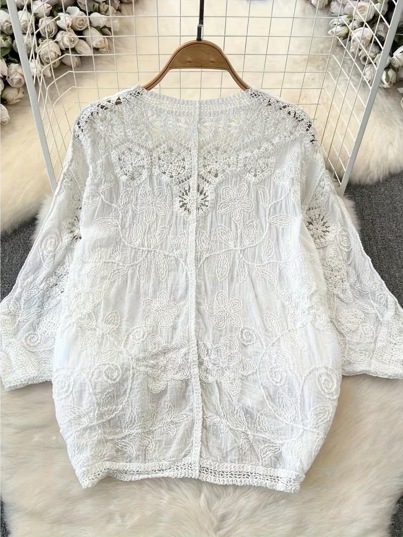 Women's Retro Korean Style V-Neck Lace Cardigan - Hollow-Out Detail, Loose Fit Lightweight Jacket for Spring Summer Fall, Solid Color Versatile Layering Top