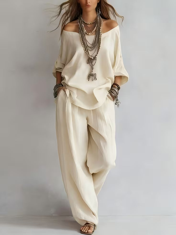 American Luxury High-End Women'S Clothing Boutique 2026 New Summer European And American Style Women'S Two-Piece Suit, Casual Loose One-Shoulder Three-Quarter Sleeve Top And Wide-Leg Pants
