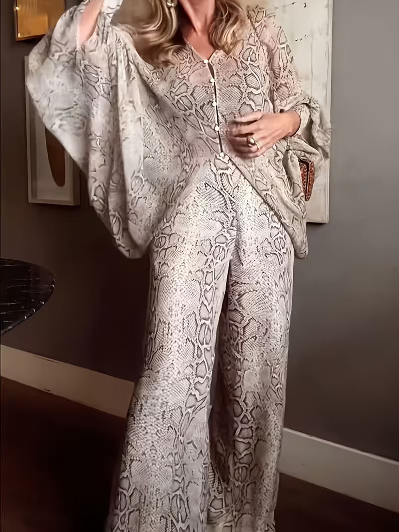 Urban Elegant Casual Chiffon Printed Bat-sleeved Top with Snake Pattern Flower Back Waist Rubber Straightaway Pants, Suitable for Multiple Occasions