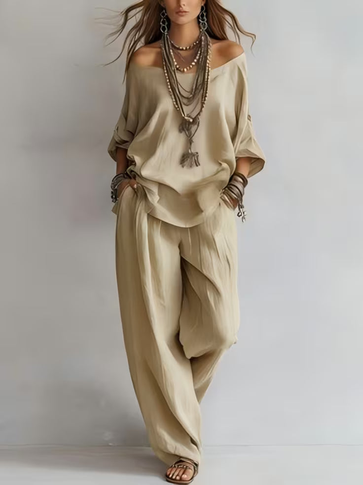 American Luxury High-End Women'S Clothing Boutique 2026 New Summer European And American Style Women'S Two-Piece Suit, Casual Loose One-Shoulder Three-Quarter Sleeve Top And Wide-Leg Pants