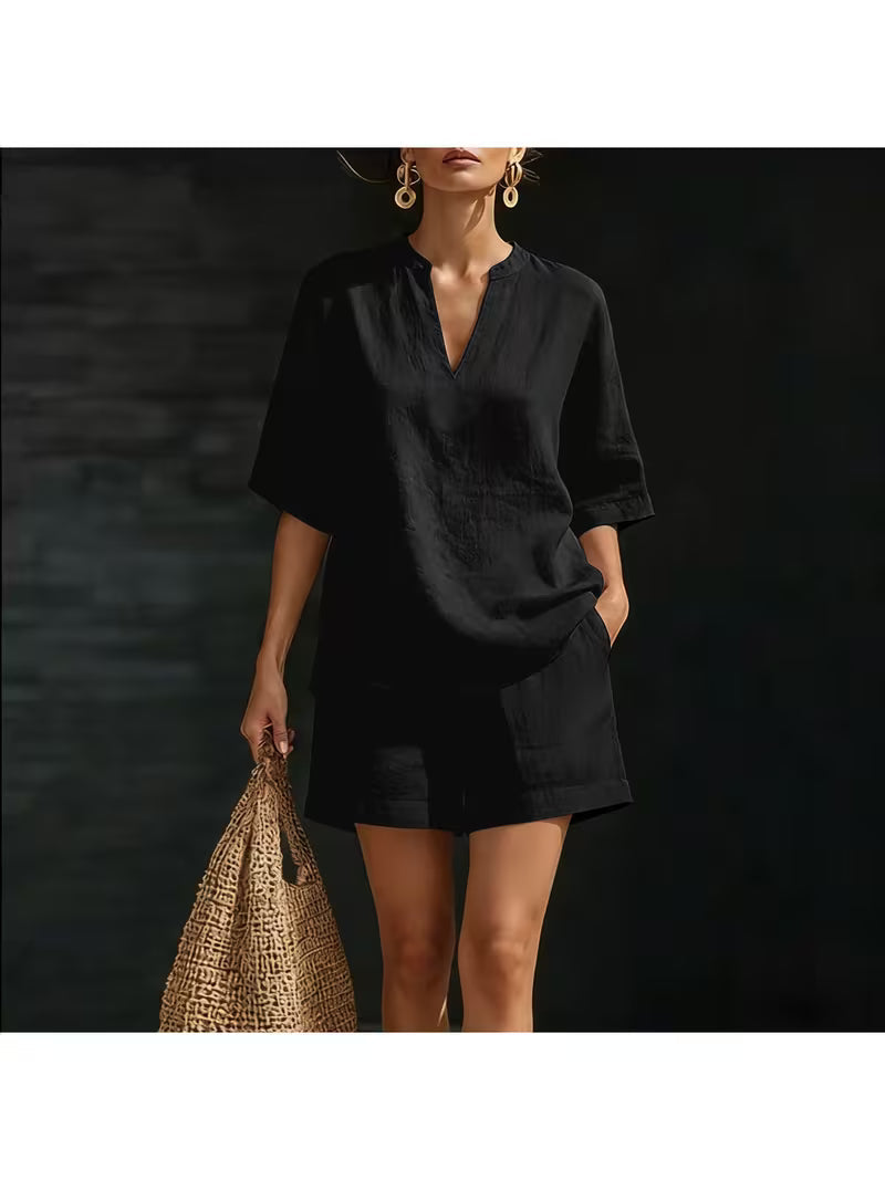 Pure Casual Double-Breasted Shirt with Turn- Collar, Two-Piece Casual Suit. Loose And Comfortable, Suitable for Daily Outings, Home Wear, And Commuting. Versatile Casual Outfit.