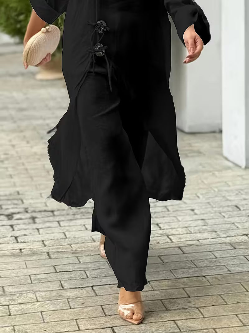 2pcs Strapless Long Sleeve Top And Wide Leg Pants Set