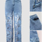Guipure Lace Spliced High Waist Zipper Fly Wide Leg Washed Jeans