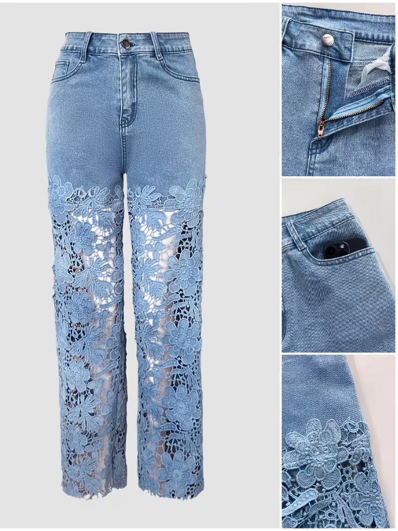 Guipure Lace Spliced High Waist Zipper Fly Wide Leg Washed Jeans