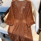 Women's Beach Bikini Cover-Up, Mesh Embroidered Hollow-Out Tie-Up Long Cardigan, Bohemian Style Thin Outerwear Vacation Top