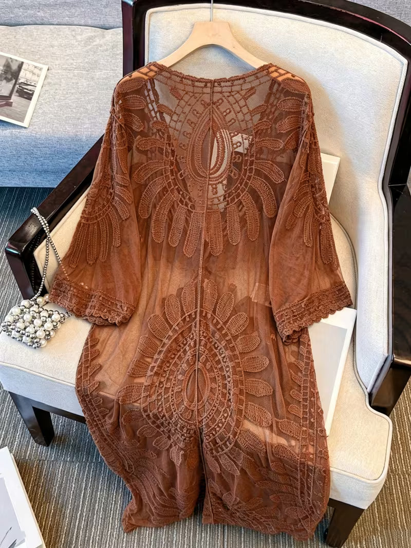 Women's Beach Bikini Cover-Up, Mesh Embroidered Hollow-Out Tie-Up Long Cardigan, Bohemian Style Thin Outerwear Vacation Top