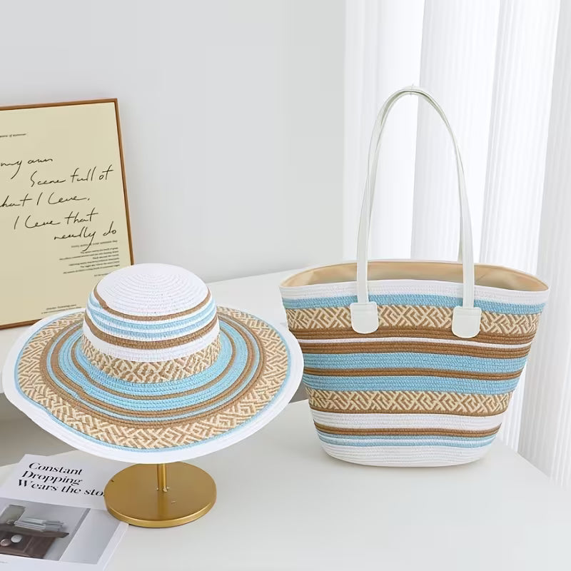 2pcs Set of Straw Hat and Woven Bag for Vacation Style, Sun Hat and Fashionable Tote Bag Set