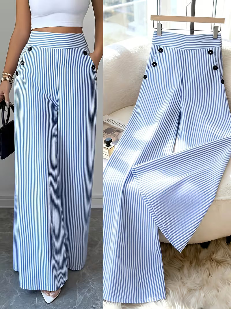 Women'S New Trousers Spring And Summer Fashion Easy Elegant Blue And White Striped Trousers, High Waist Straight Loose Casual Women'S Pants